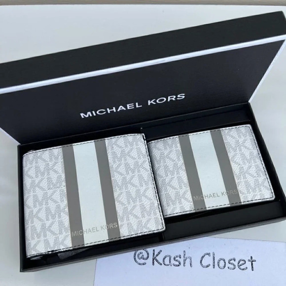 Michael kors Men Wallet Card Case Gift box set Bright White/Pearl Grey - Picture 1 of 6